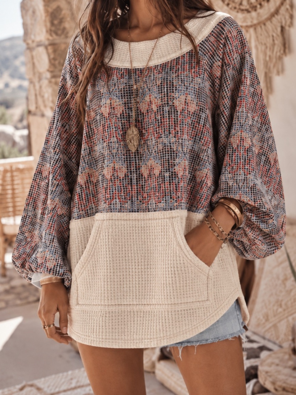 Ces Femme Cream Cozy Multi Color Print Waffle Knit Kangaroo Pocket Boho